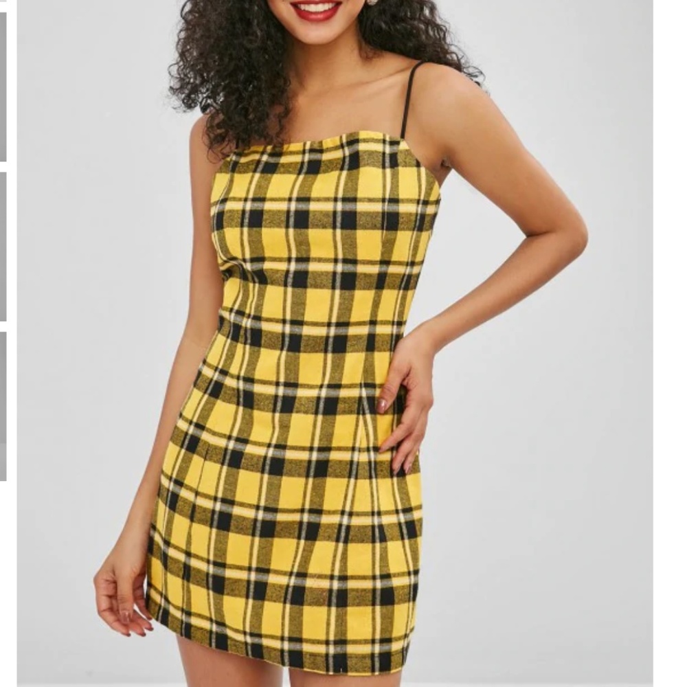 Back Zipper Plaid Cami Dress - Bright Yellow